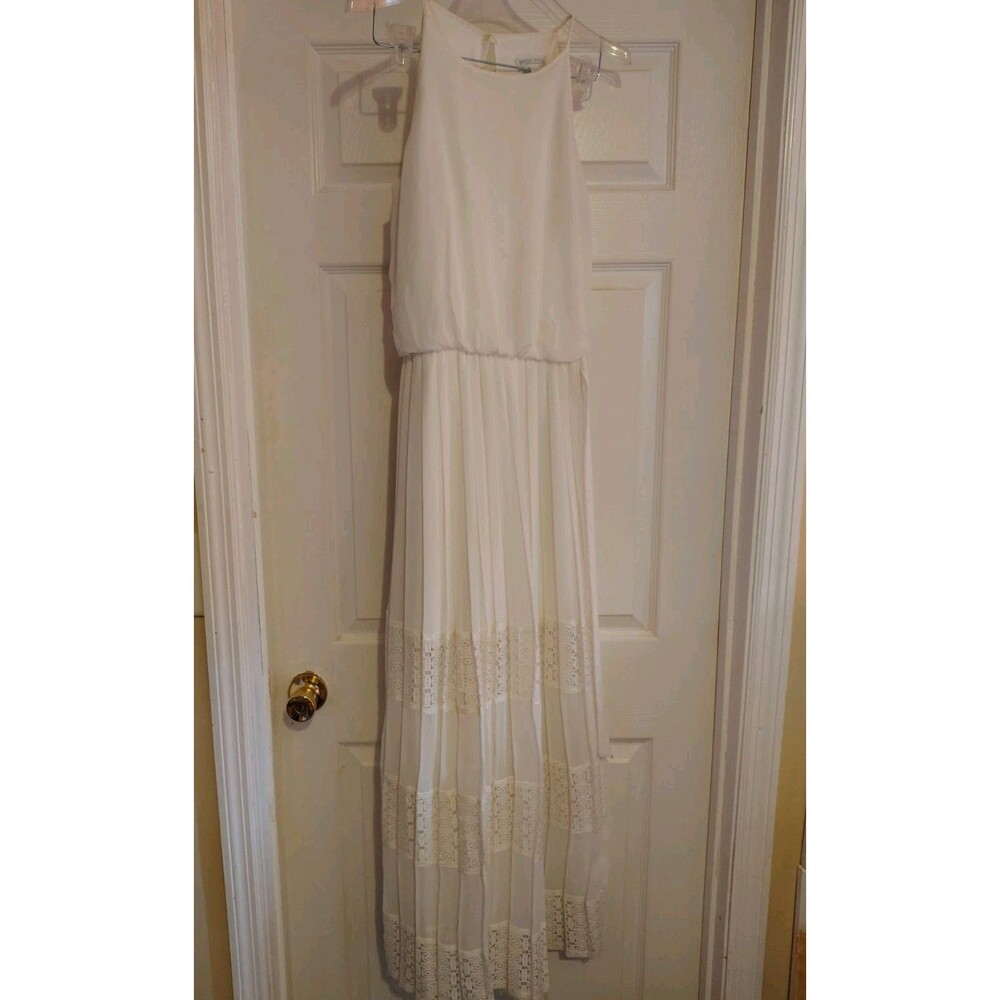 Bisou Bisou Women's 2 Ivory Solid Halter Sleeveless Maxi Dress Lace Pleated